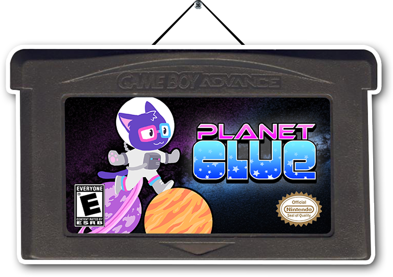 game boy advance cartridge for a 'planet clue' video game with art depicting kaykay in a space suit jumping between two planets