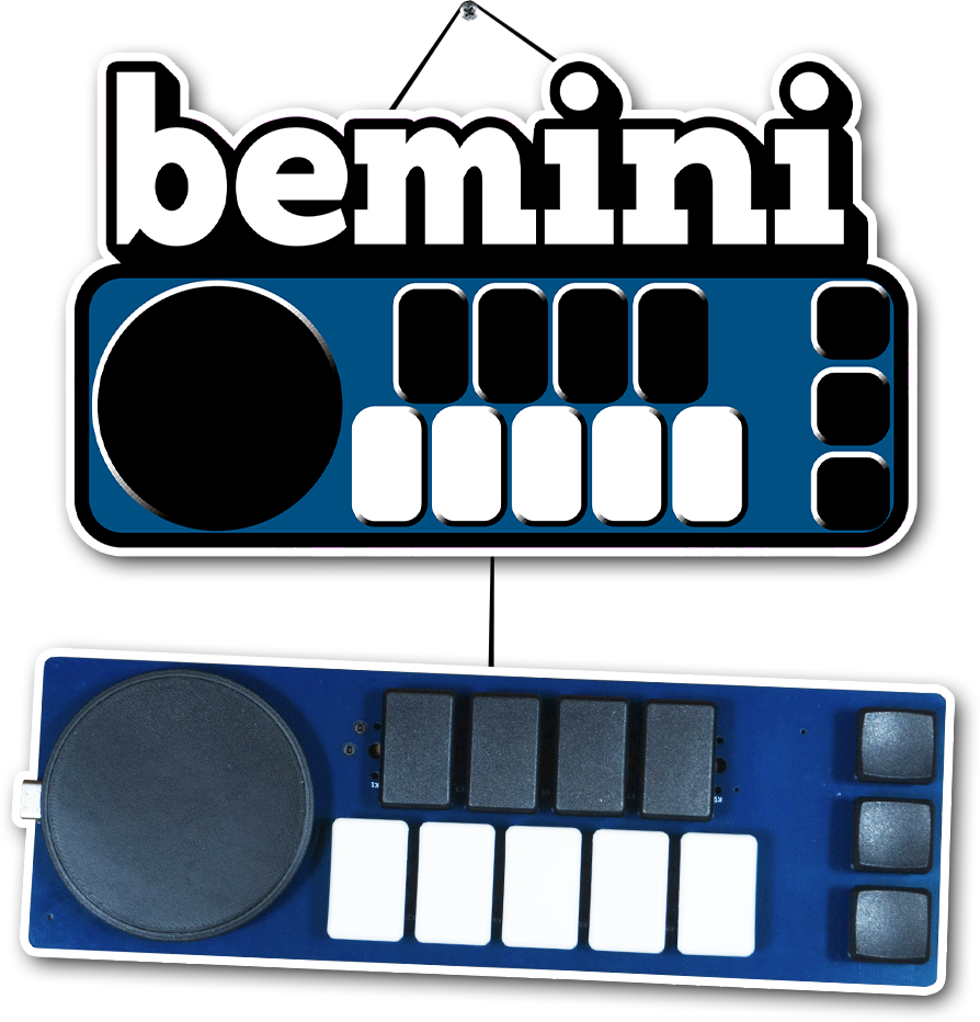 bemini wordmark and artwork, and photo of bemini controller