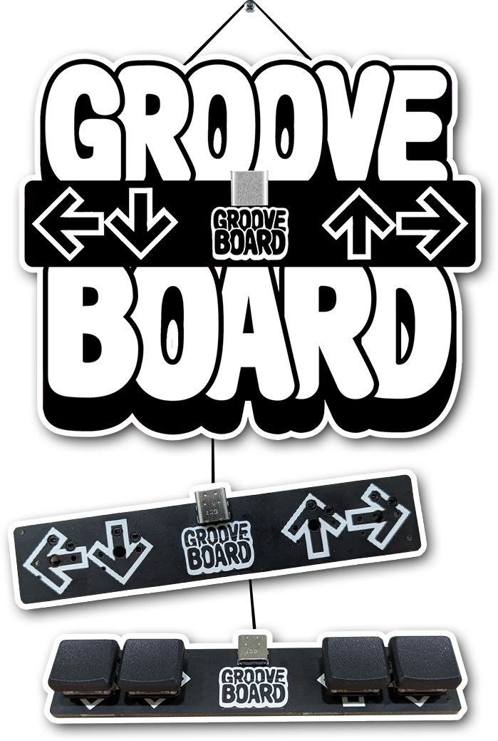 grooveboard wordmark and artwork, and photos of grooveboard controllers