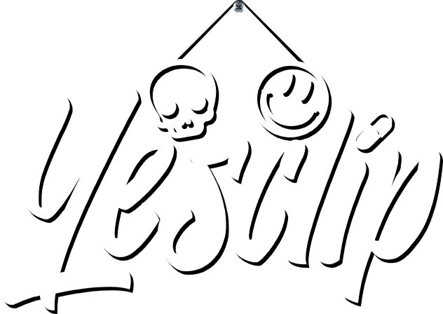 yesclip wordmark with skull, smiley and pill