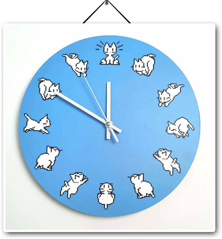 front view of the neko clock, a blue wall clock with images of the 'neko' pc screenmate