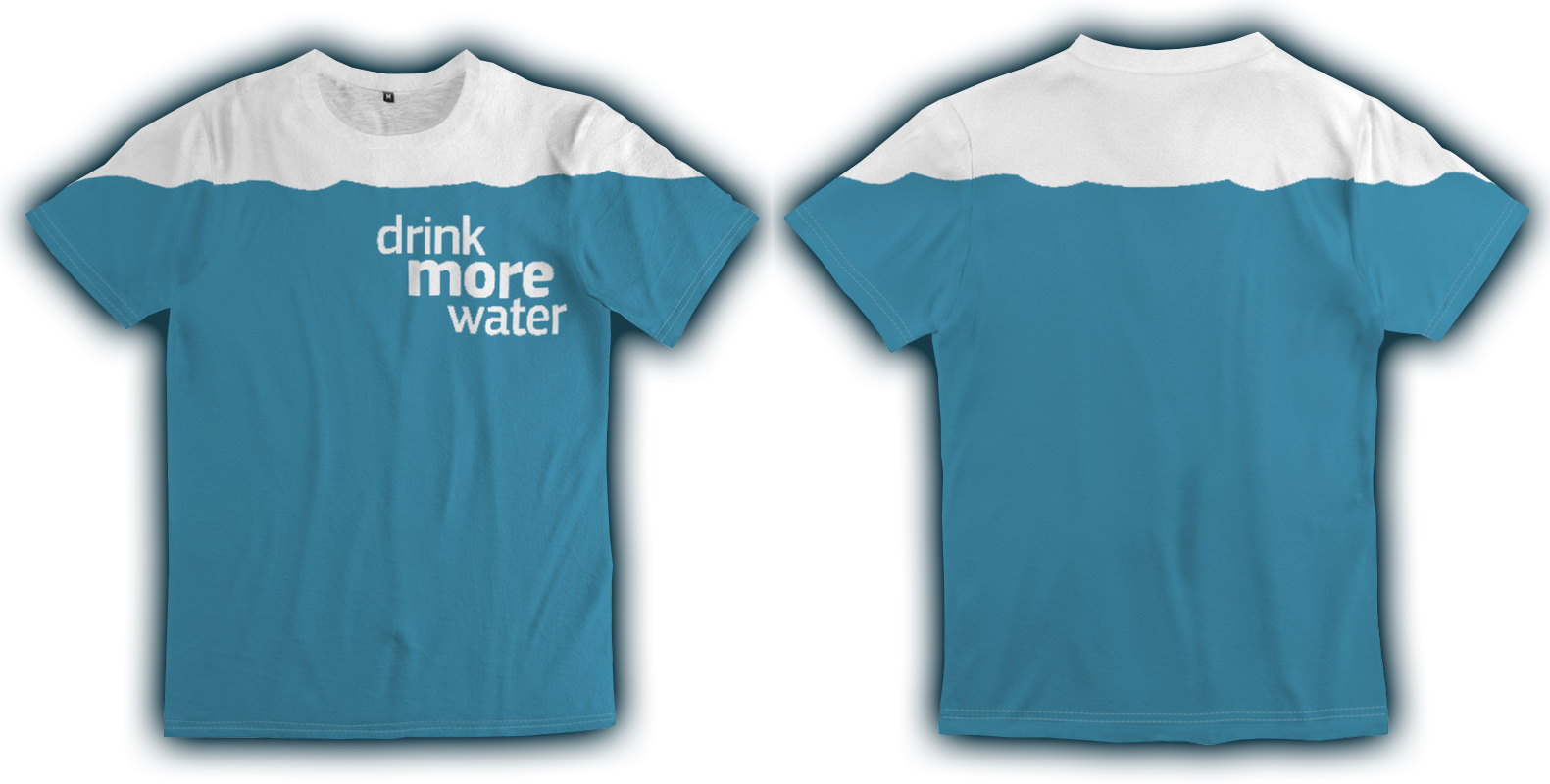 a white t-shirt looking nearly full of wavy blue water, reading 'drink more water'