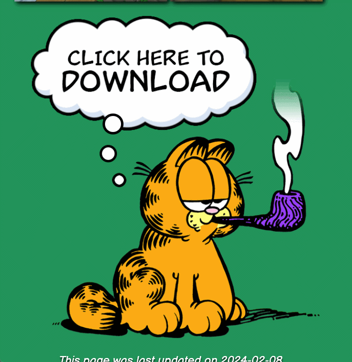 download section for garfield plus, styled as a thought bubble from garfield reading 'click here to download', with cursor hover animation