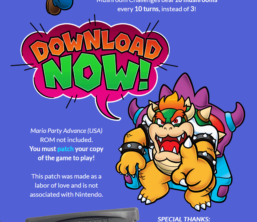 download section for mario's carnival quest, styled as a speech bubble from bowser reading 'download now!', with cursor hover animation