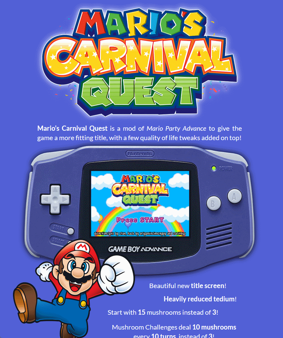 home page of mario's carnival quest